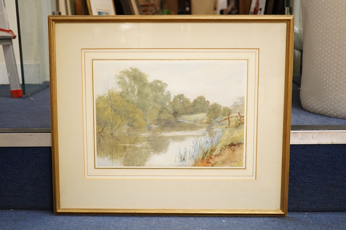Four watercolours to include Wilmot Pilsbury, ‘On the Soar near Barrow Mill, Rutland’, Henry George Hine, ‘A Windmill by a Canal’ and Francis Nicholson, ‘Figures on a Bridge’, some with labels verso, largest 24 x 34cm